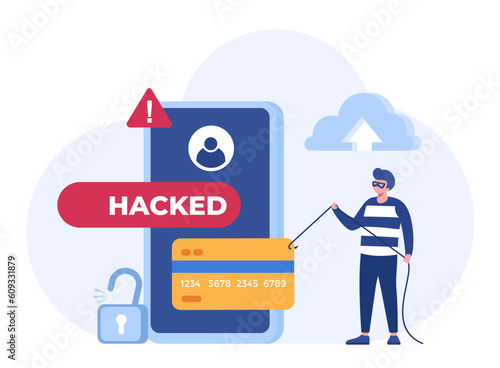 Hacking, phishing, scam and error, protection, cyber crime, internet security, system technology, flat design illustration vector banner and background