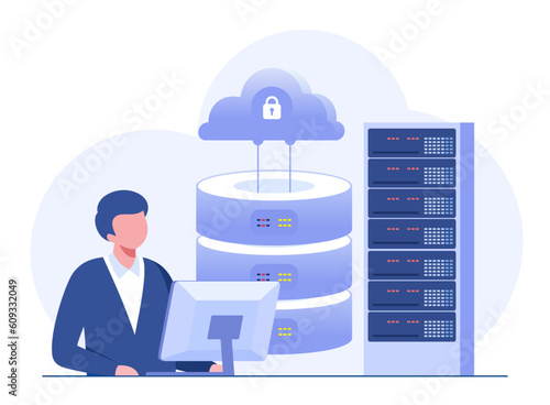 server computing, database system, programming, hardware and technology, computer flat vector illustration banner background