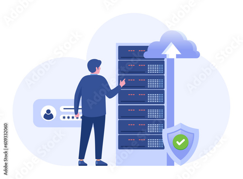 server computing, database system, programming, hardware and technology, computer flat vector illustration banner background