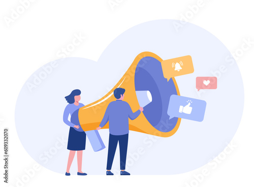 social media marketing, trending, viral, strategy, online business, start up, like, hashtag and comment, flat vector illustration banner background