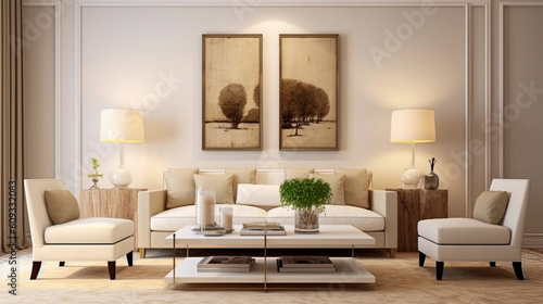 Scandinavian living room interior in beige colors with three big white frame decoration mockup. Generative Ai. © Pickoloh