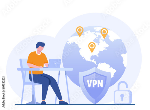 VPN access. VPN to protect personal data in smartphone & computer. Virtual Private Network. Secure network connection and privacy protection. flat vector illustration banner