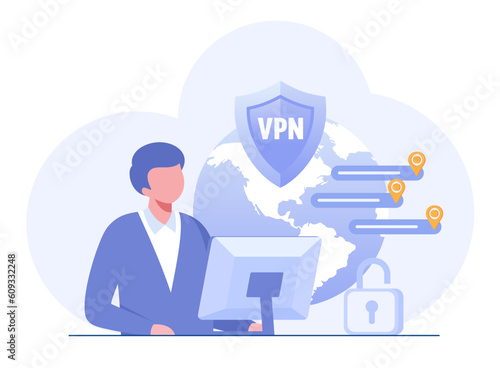 VPN access. VPN to protect personal data in smartphone & computer. Virtual Private Network. Secure network connection and privacy protection. flat vector illustration banner