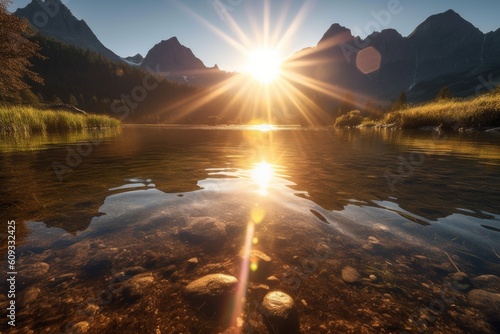 sparkling lake with reflection of the sun, surrounded by towering mountains, created with generative ai © Alfazet Chronicles
