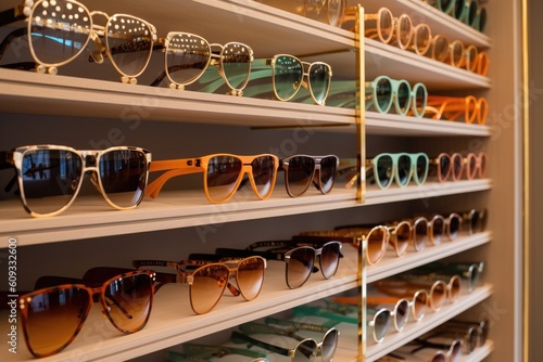 display of sunglasses in boutique with varied styles and colors, created with generative ai