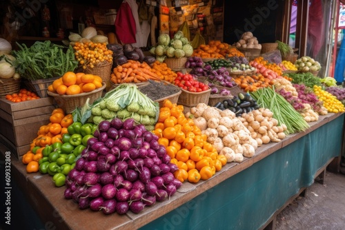 close-up of colorful vegetable stand, with fruits and vegetables displayed in an appealing arrangement, created with generative ai
