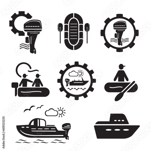 A set of vector icons for water transport. Boat and outboard motor.