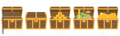 Chest animation. Empty treasure box, open and closed medieval ancient wooden cartoon chests. Pile of money and a bag of coins. Wealth concept.