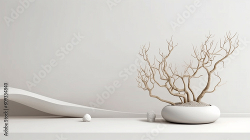 Wallpaper Mural Minimal mockup background for product presentation. Podium and dry tree twigs branch with white sand beach on white background. 3d rendering illustration. Torontodigital.ca