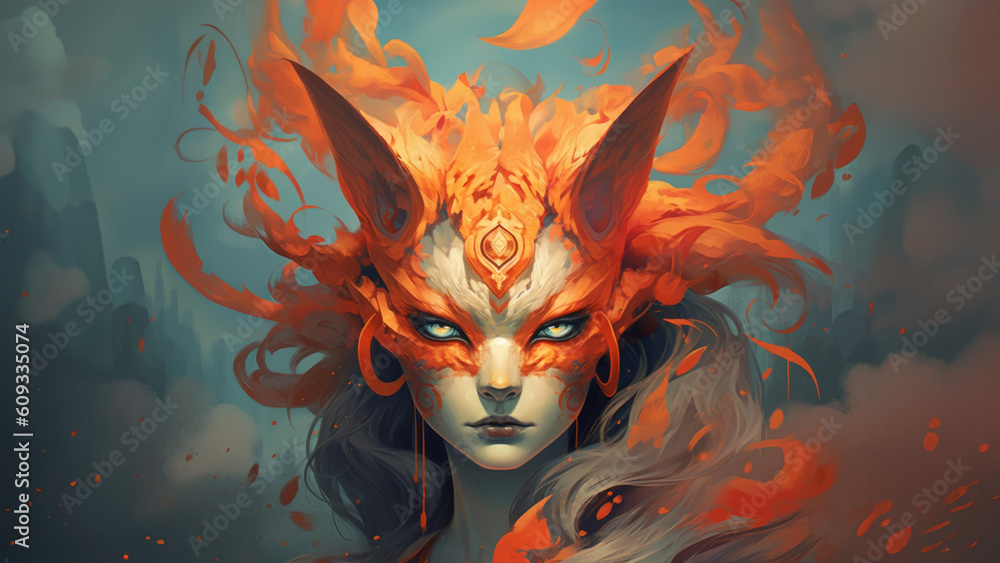 Fierce kasai kitsune female fox with fiery flame red hair and piercing