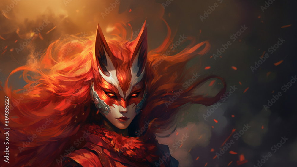 Fierce kasai kitsune female fox with fiery flame red hair and piercing