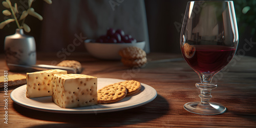 A glass of red wine with a plate of cheese and crackers c generative AI