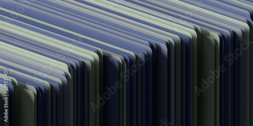 Blue and grey office folder files on blank background, copy space. Colorful abstract stripes on 3D render horizontal composition. Stretched effect, striped pattern, set of 6 template