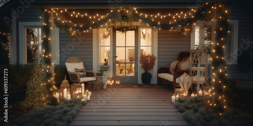 A holiday-themed front porch with garland and lights colo two generative AI