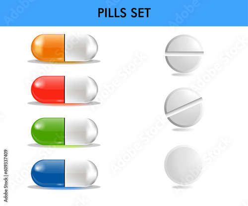 Set of vector realistic multicolored pills in capsules and with divisions