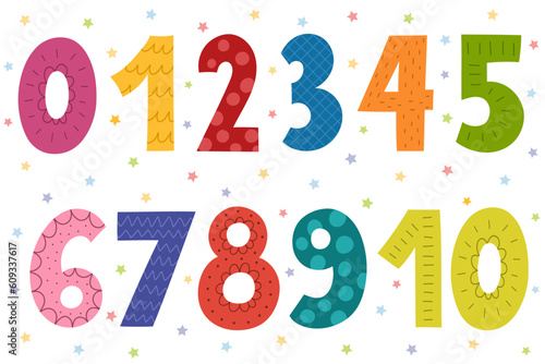 Cute numbers collection for kids. Set of colorful numbers in cartoon style. Educational clipart. One, two, three, four and others. Vector illustration