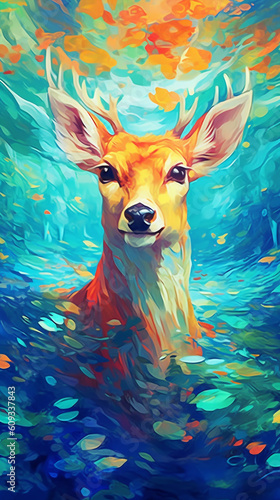 Anime Art Style Deer Swimming In The Water Cute And Colorful Generative Ai Digital Illustration Part#030623 © Cool Patterns