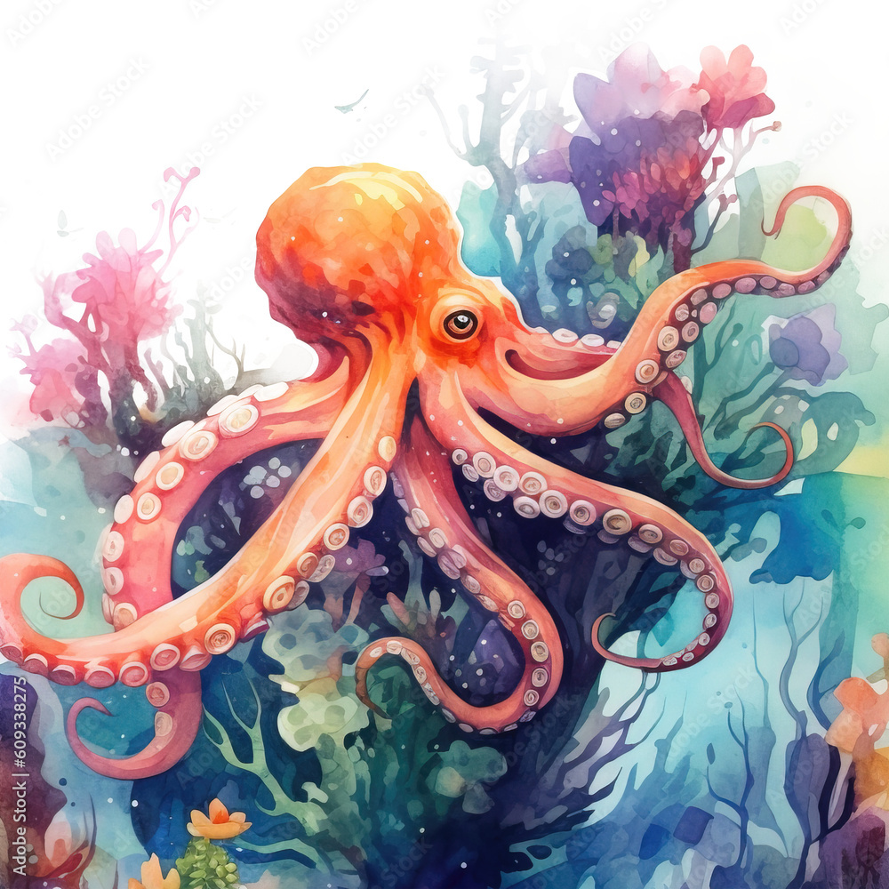 Octopus swimming on the reef, watercolor style