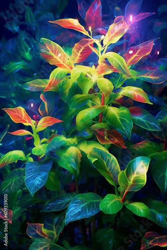 An vibrant image of a Ayahuasca analog plants (Psychotria viridis, Diplopterys cabrerana) splashed in bright paint,  Generative AI technology. photo