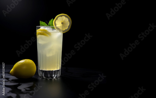 Cool freshly made lemonade and lemon fruits on black background. Space for text. AI generated