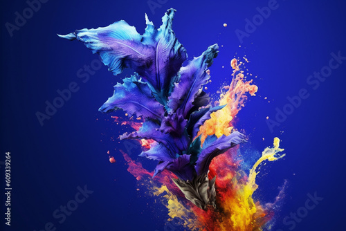An abstract surreal photograph of a Blue skullcap (Scutellaria lateriflora) splashed in bright paint, Generative AI technology. photo