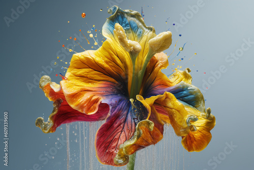 An abstract surreal photograph of a Henbane (Hyoscyamus niger) splashed in bright paint,  Generative AI technology.