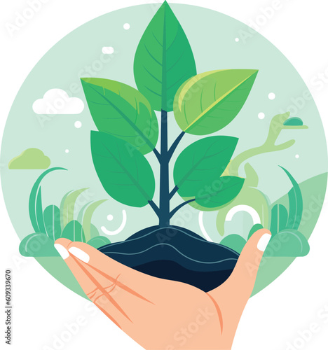 hand holding green plant  in soil vector illustration isolated on white background