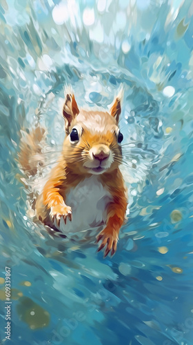 Anime Art Style Squirrel Swimming In The Water Cute And Colorful Generative Ai Digital Illustration Part#030623