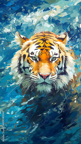 Anime Art Style Tiger Swimming In The Water Cute And Colorful Generative Ai Digital Illustration Part#030623