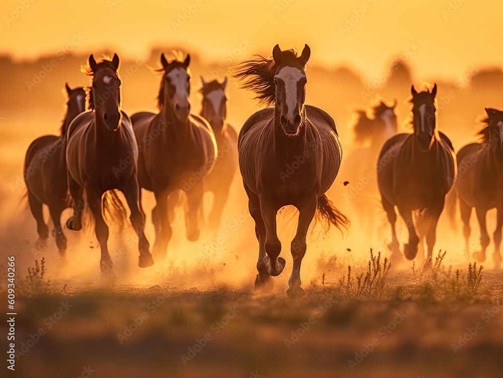 Fototapeta premium Herd of horses running in dusty meadow at sunset. Generative Ai.
