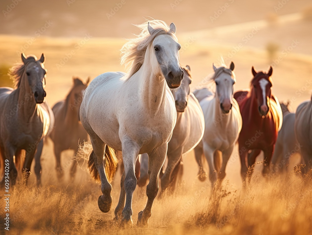 Herd of horses running in dusty meadow at sunset. Generative Ai.