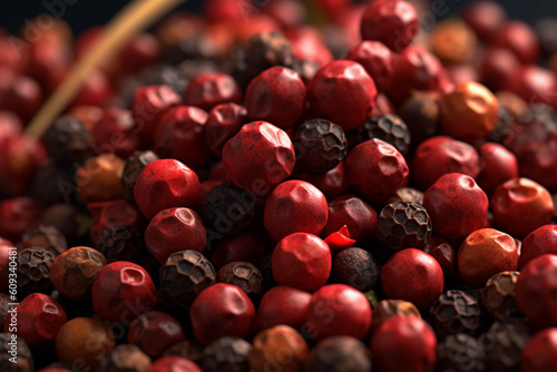 An artistic photo featuring Szechuan peppercorns, known for their reddish-brown appearance and numbing, citrusy taste.  Generative AI technology. photo