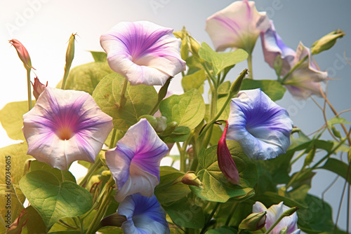 A close-up shot of Morning glory (Ipomoea tricolor), displaying its trumpet-shaped flowers and the presence of psychoactive ergoline alkaloids.  Generative AI technology. photo