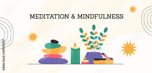 Meditation and mindfulness banner with a candle and a insence.