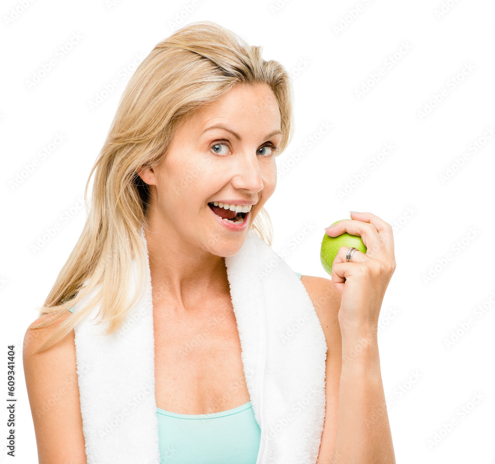 Portrait, fitness and apple with a senior woman in studio isolated on a white background for health. Exercise, diet and lifestyle with a mature female athlete eating fruit for nutrition or weightloss Portrait, fitness and apple with a senior woman in studio isolated on a white background for health. Exercise, diet and lifestyle with a mature female athlete eating fruit for nutrition or weightloss