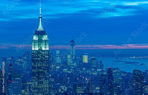 Night view of New York Manhattan during sunset