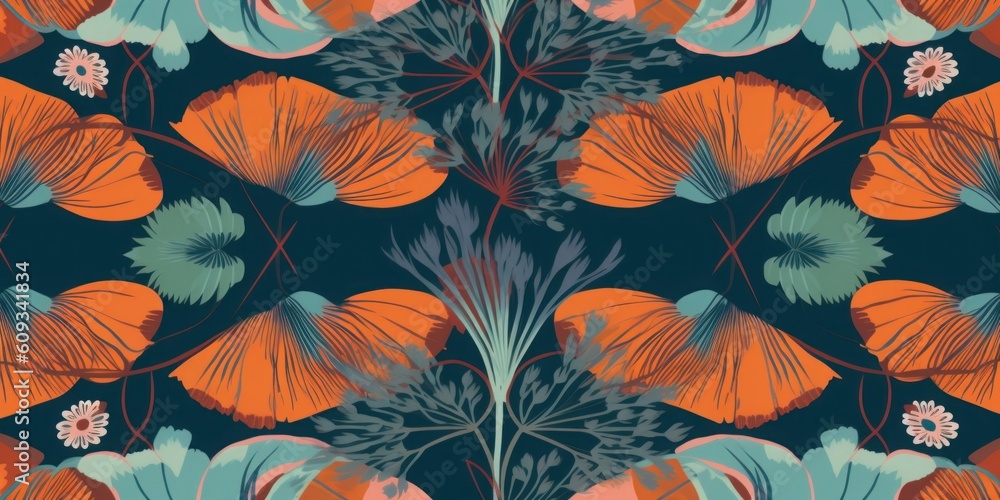 Modern exotic bohemian floral pattern. Collage vintage seamless print. Hand drawn cartoon style pattern, Generative AI