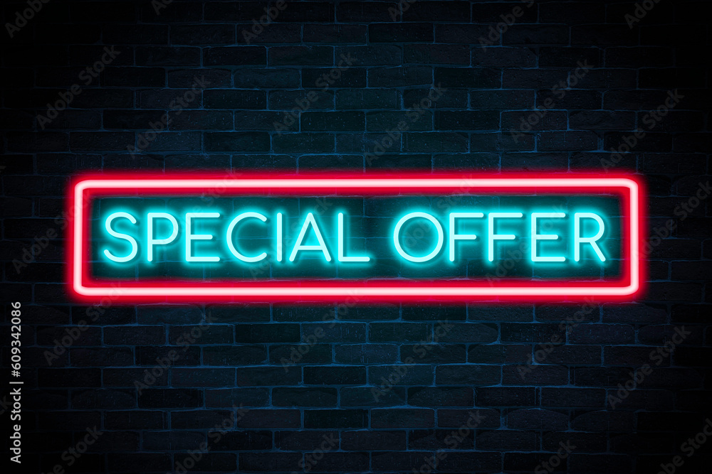 Special offer neon banner on brick wall background.