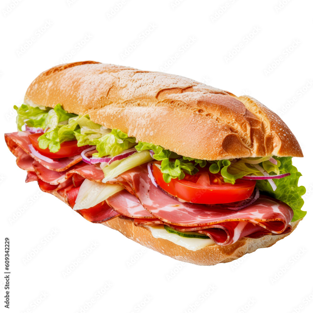 Baguette belegt mit Wurst, Käse, Salat und Zwiebeln, isoliert. Generative AI Baguette belegt mit Wurst, Käse, Salat und Zwiebeln, isoliert. Generative AI