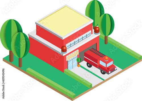 A cute colorful vector isometric style of a red fire station with a fire truck parked in front showing a red rescue siren symbol for use in maps, infographics and media.