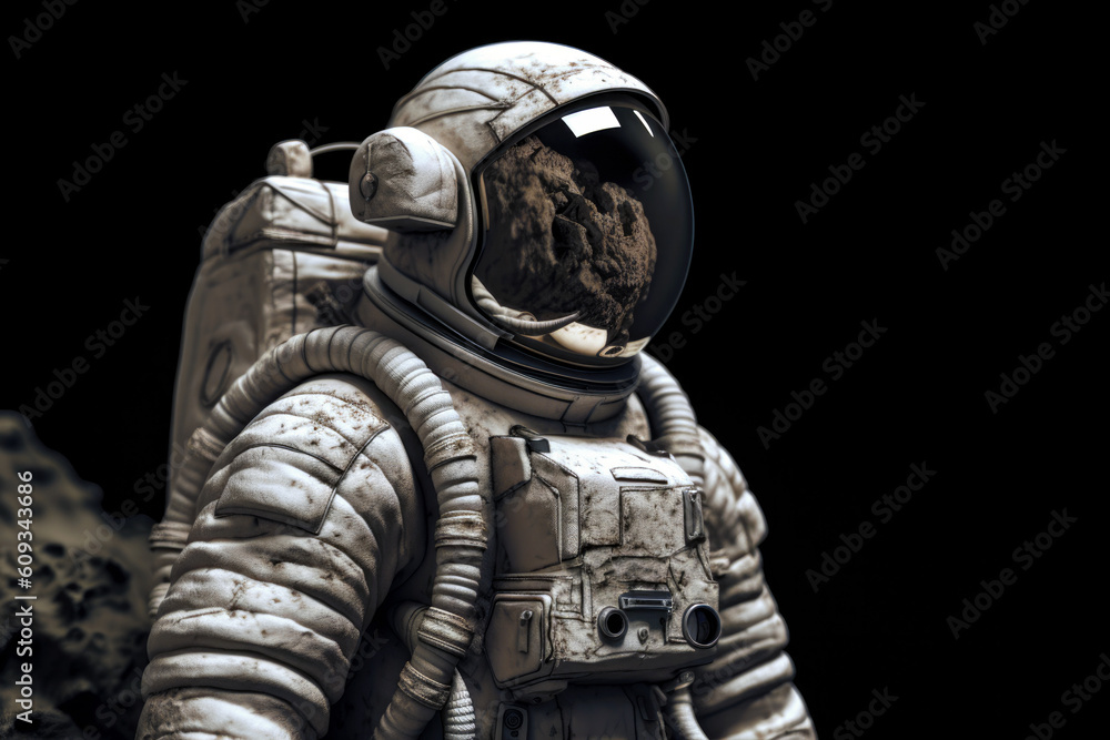 Astronaut floating in space with reflection of asteroid in helmet (Generative AI)