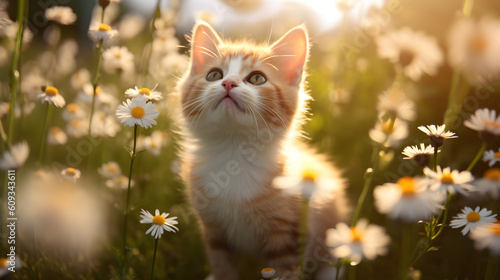 Cute innocent kitten wandering in the sunny garden. Generative AI