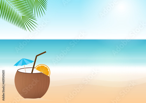 Coconut Juice or Coconut Water Drink, Coconut Cocktail on Beach. Vector Illustration.