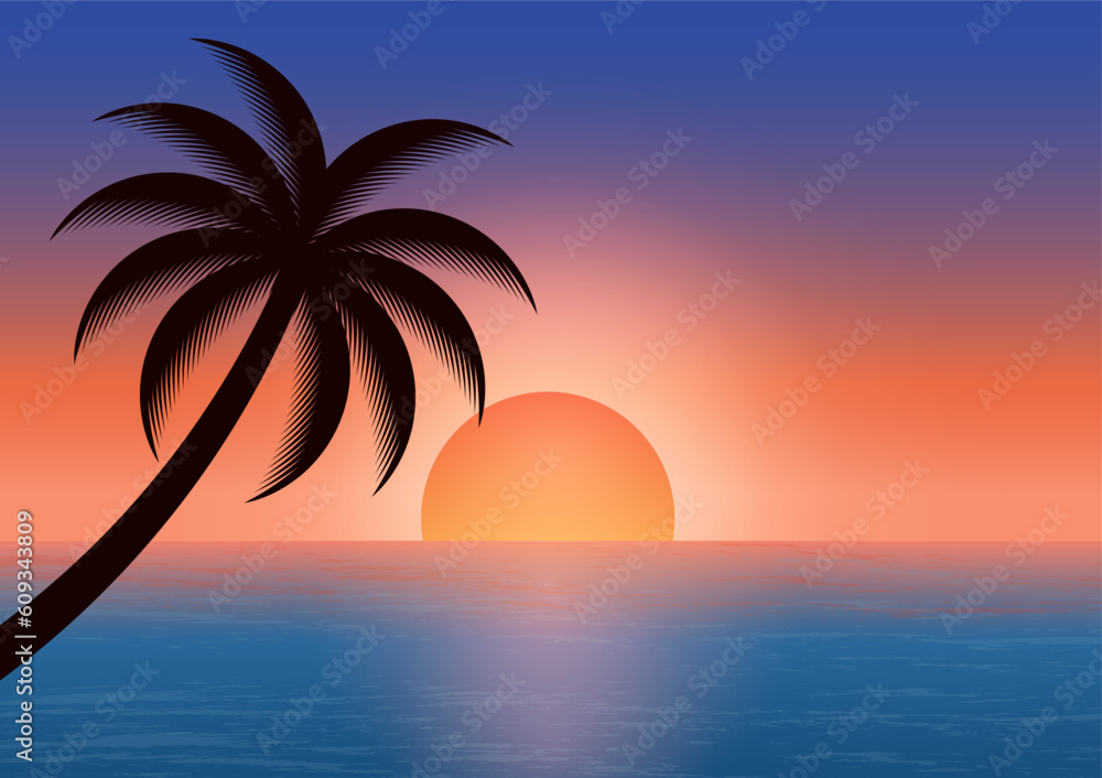 Coconut or Palm Trees silhouettes on  Beach During Sunset or Sunrise. Summer background
