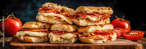  Brett mit frisch gebackenes Foccaia-Brot gefüllt mit Tomate und Mozzarella. Generative AI photo