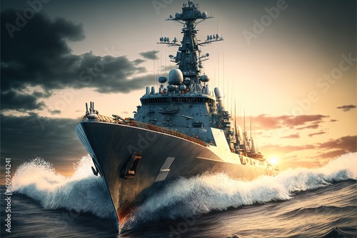 A Russian frigate on a deadly stormy sea launching Missiles. photo