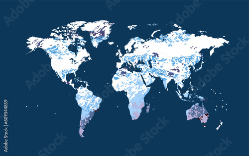 Infographic world map ice age, countries covered with snow, winter time