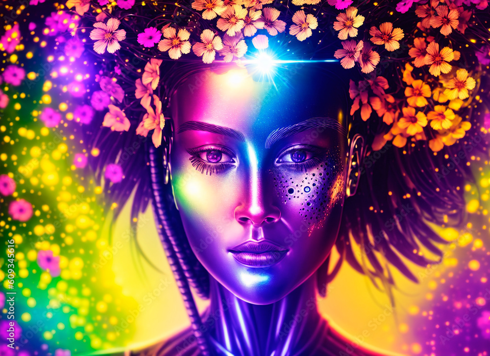 Portrait beautiful cyborg girl with flowers on her head. Robot woman with flower arrangement on head. Generative AI.