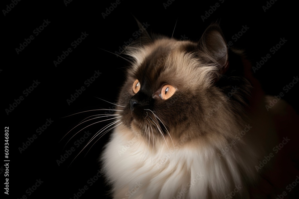 Cat in simple black background, close up, look. Portrait of a furry cat, wool. A fluffy pet, persian cat. Generative AI.