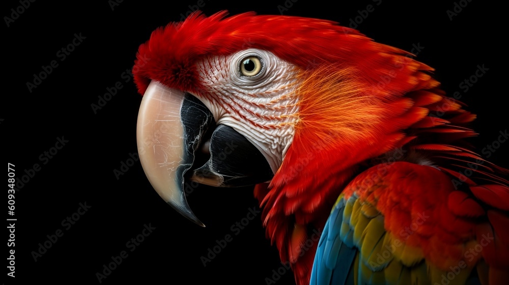 Macaw parrot on black background. Generative AI Macaw parrot on black background. Generative AI